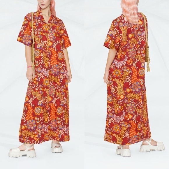 La DoubleJ Dress Bowling Floral Orange Relaxed Maxi Shirtdress Taranta XS GUC - Picture 9 of 12